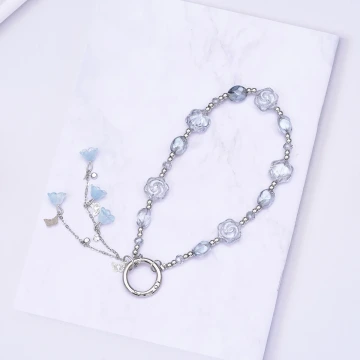 晶透玫瑰花流蘇×手機腕帶掛繩×藍色