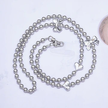 銀色愛心蝴蝶結×手機斜背雙勾掛繩