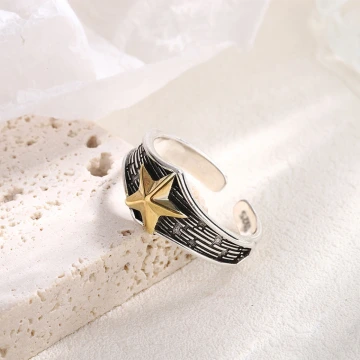 美式×復古×網紋×五角金星×開口戒指