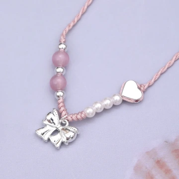 蝴蝶結愛心珠珠×拉繩項鍊×粉紅