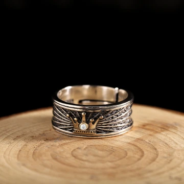 美式×復古×金色皇冠水鑽×開口戒指×中性戒