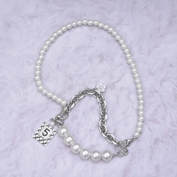 銀色山茶花香水瓶珍珠&times;飲料杯繩&times;珍珠提把