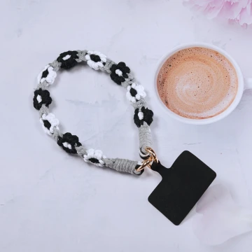 小花朵編織×手機腕帶掛繩×黒灰白