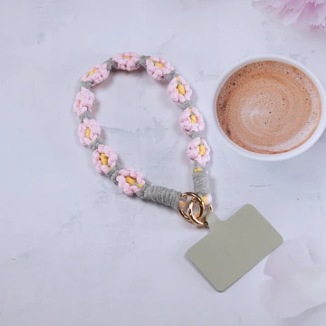 小花朵編織×手機腕帶掛繩×灰粉