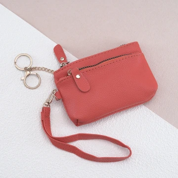 皮革多層鑰匙扣×手拿零錢包×亮橘