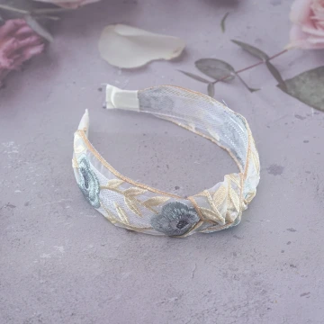 扭結鵝黃藍花刺繡×髮箍