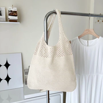 素色拼接鏤空針織×肩背包×米白