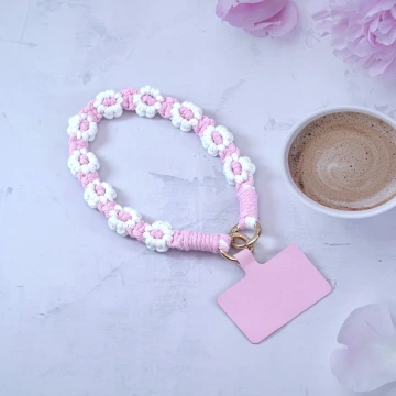 小花朵編織×手機腕帶掛繩×粉白