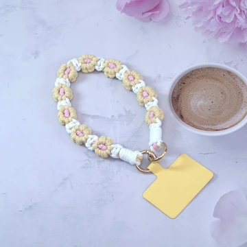 小花朵編織×手機腕帶掛繩×白黃