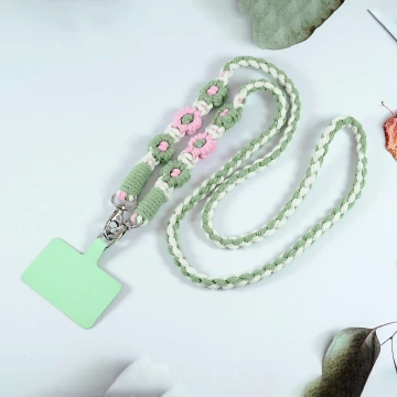 粗麻辮小花朵×手機斜背雙勾掛繩×綠粉