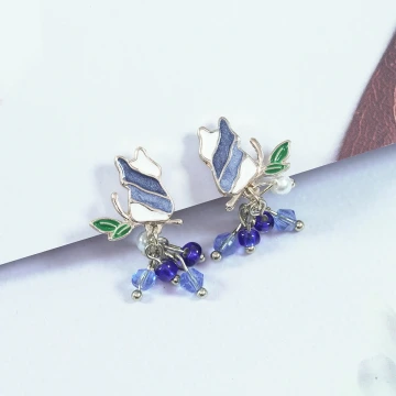 藍白漸層枝葉小貓咪×三角耳夾