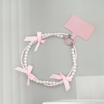 芭蕾風蝴蝶結珍珠&times;雙層手機腕帶掛繩&times;粉色