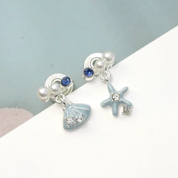 水藍海星貝殼&times;不對稱蚊香盤U型耳夾