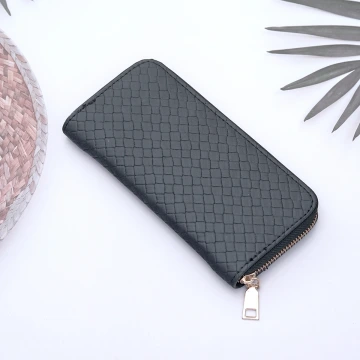 編織壓紋&times;拉鍊長皮夾&times;黑色