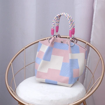 藍粉方格&times;針織手提袋