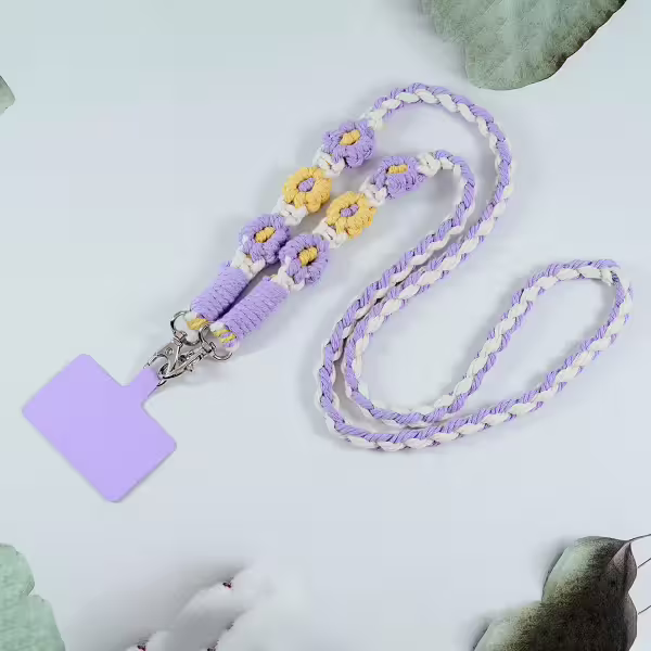 粗麻辮小花朵×手機斜背雙勾掛繩×紫黃