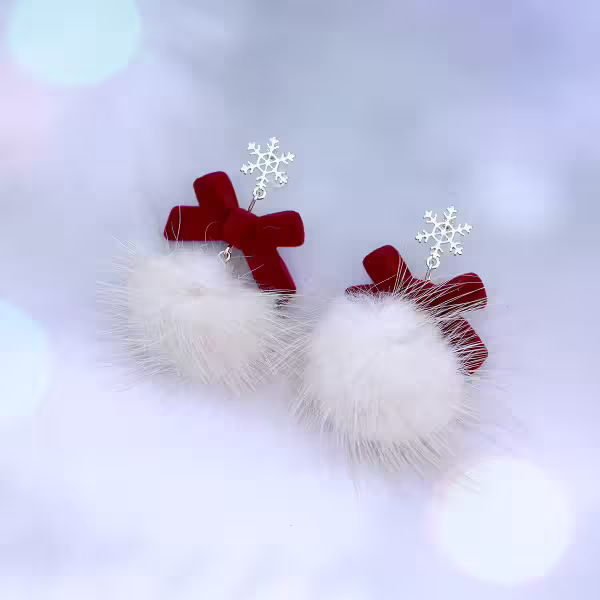 雪花紅絨毛球×吊墜耳環