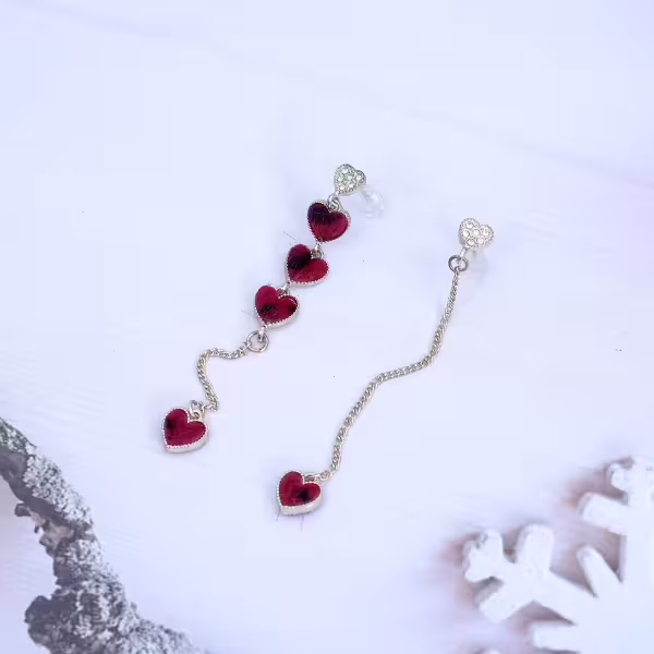 植絨紅豹愛心×不對稱吊墜耳環