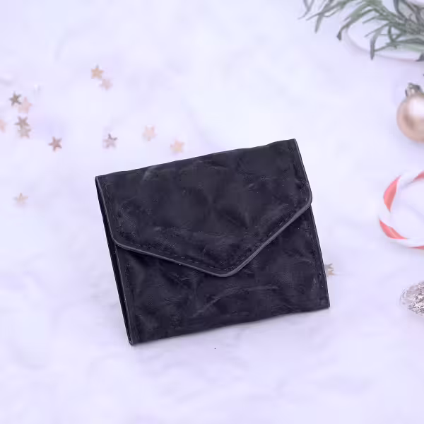 信封爆閃麂皮×三折短皮夾×黑色