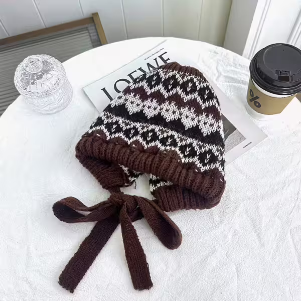 費爾島毛線格紋×毛帽×棕咖