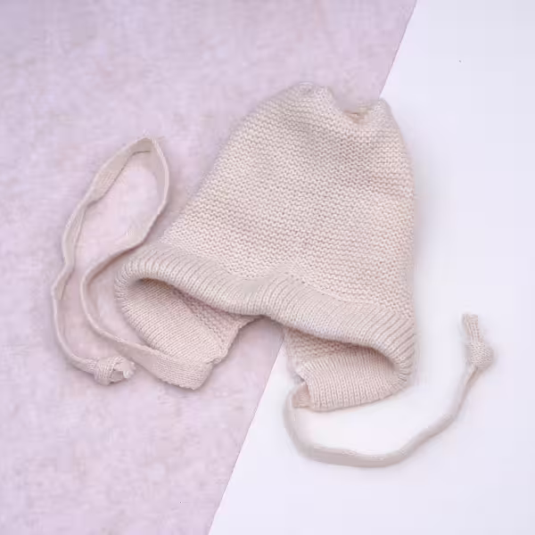 素色毛線綁帶×毛帽×米白