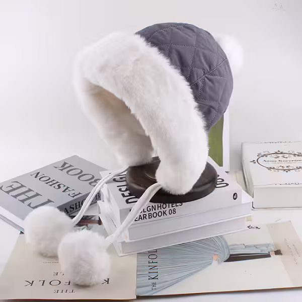 空氣菱格紋仿貂毛×毛帽×灰色