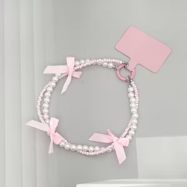 芭蕾風蝴蝶結珍珠&times;雙層手機腕帶掛繩&times;粉色