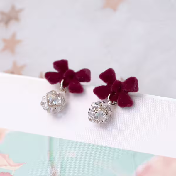 植絨蝴蝶結晶鑽球&times;吊墜耳環