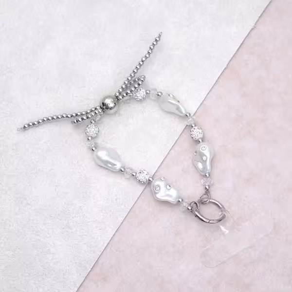 銀珠蝴蝶結珍珠&times;手機腕帶掛繩