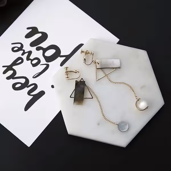 三角貝紋琉璃圓珠&times;流蘇螺旋耳夾-第5張