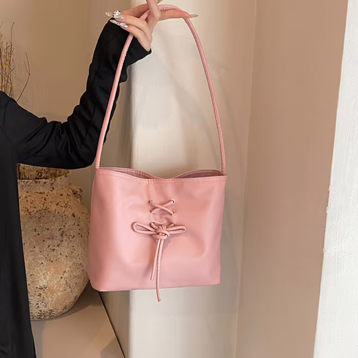 結繩甜美皮革包×肩背包×粉紅-第2張