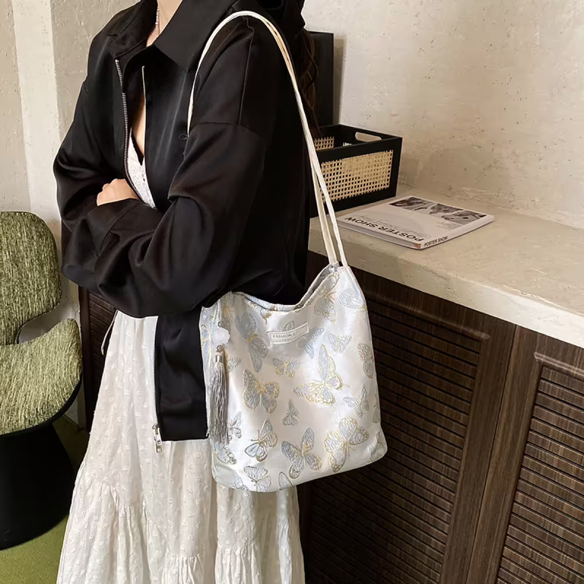 東方蝴蝶刺繡×肩背包×白色-第5張