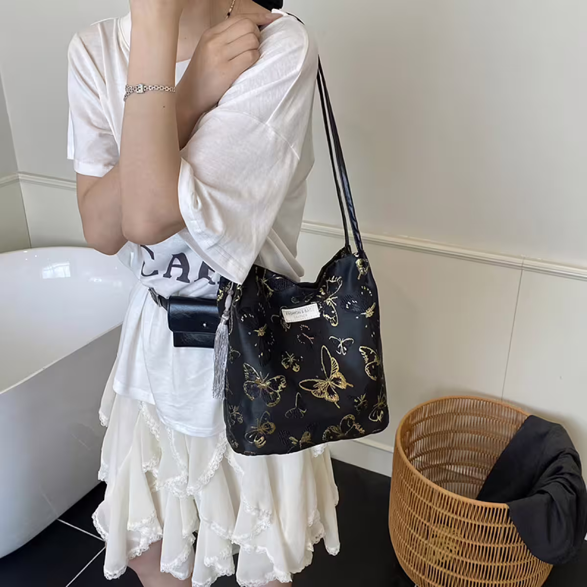 東方蝴蝶刺繡×肩背包×黑色-第4張