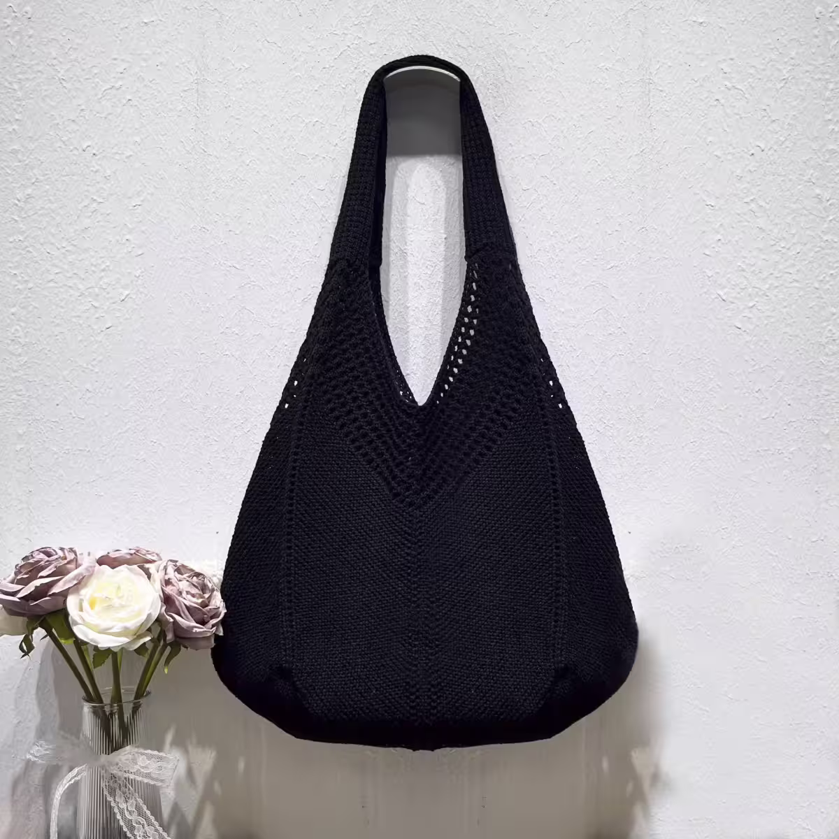 素色M型鏤空針織×肩背包×黑色-第2張