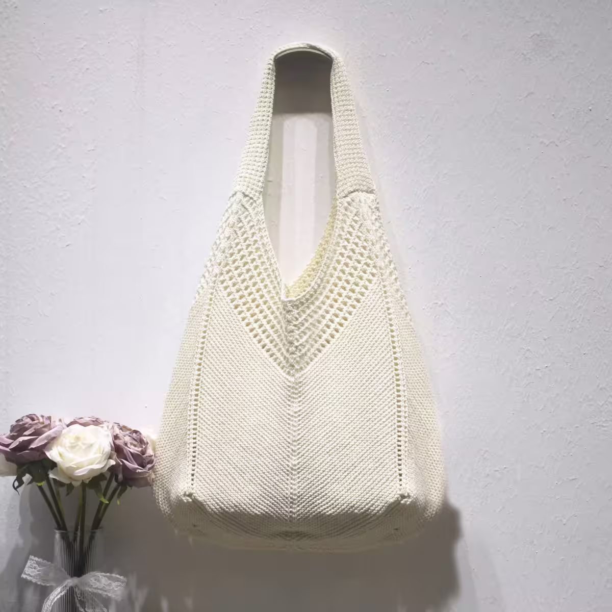 素色M型鏤空針織×肩背包×白色-第2張