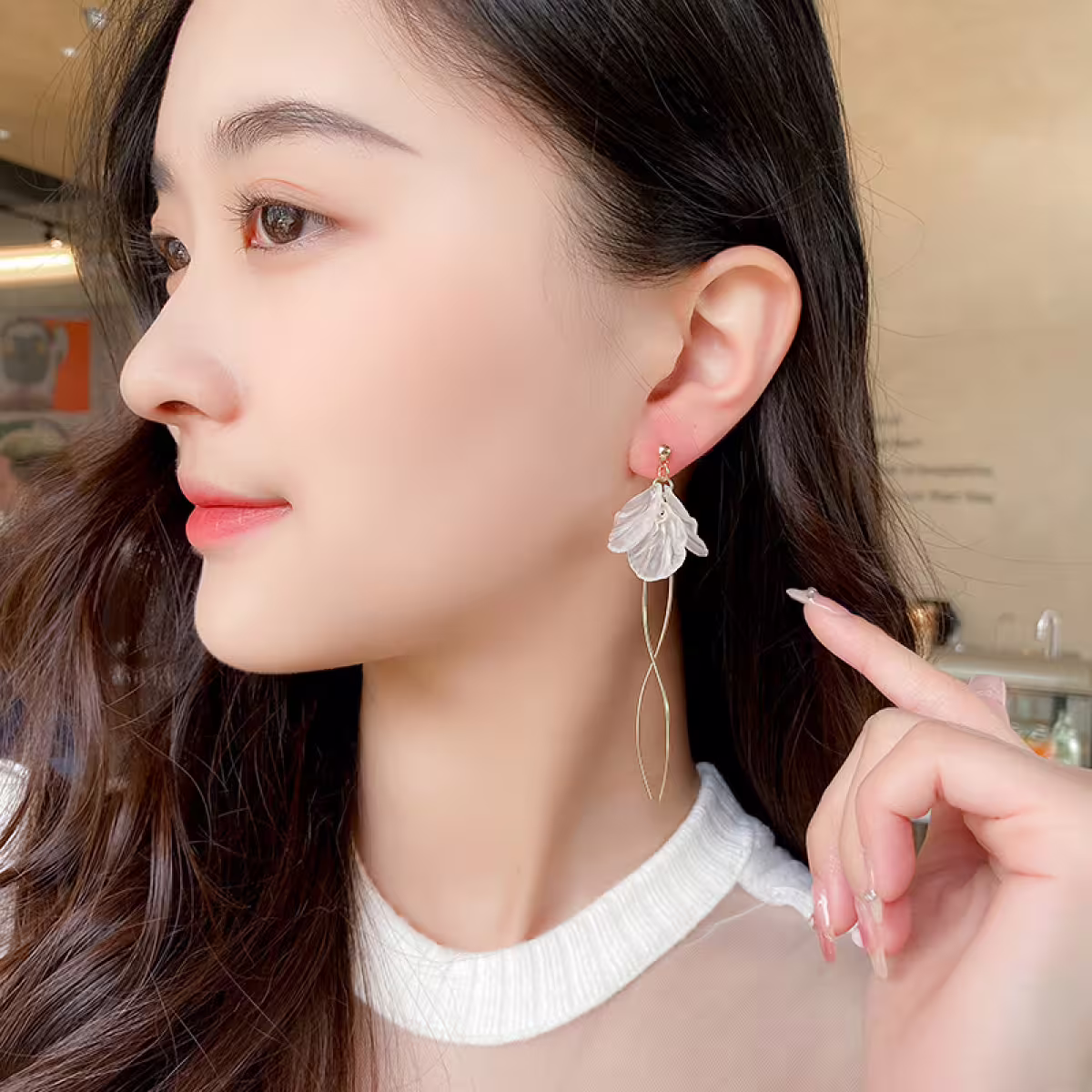 白花瓣波浪線條×吊墜耳環-第6張