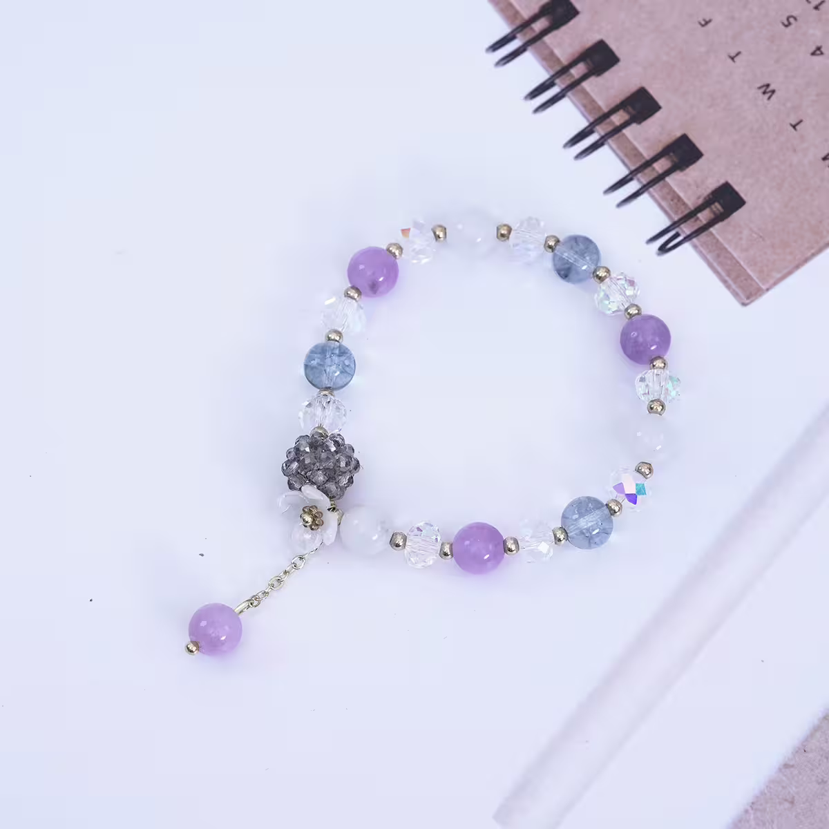 晶球貝殼花紫琉璃×固定式串珠手鍊×紫色-第2張