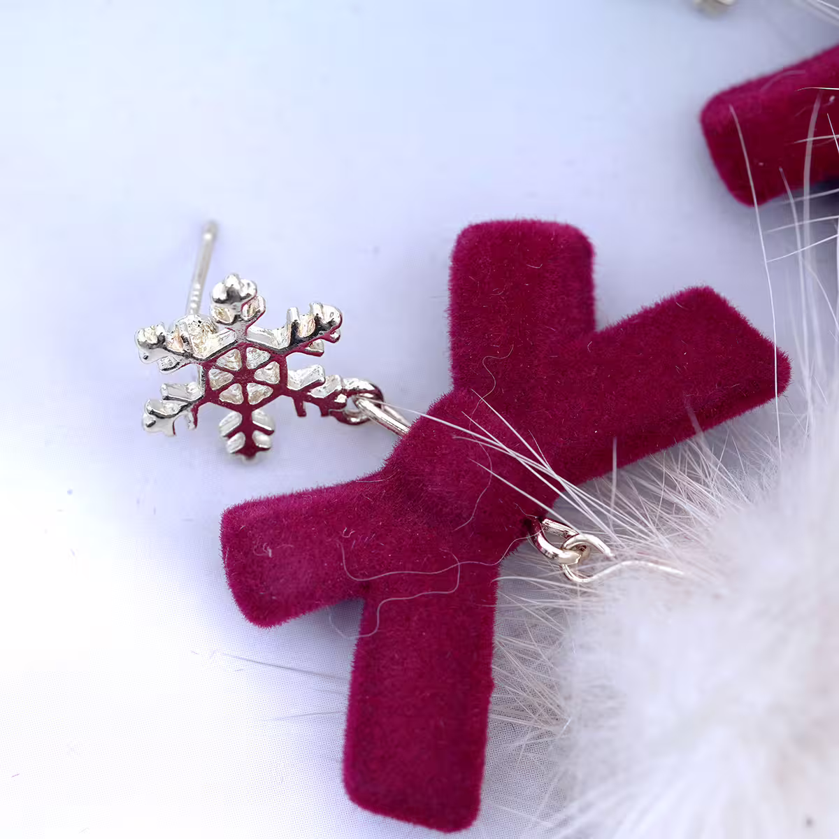 雪花紅絨毛球×吊墜耳環-第4張