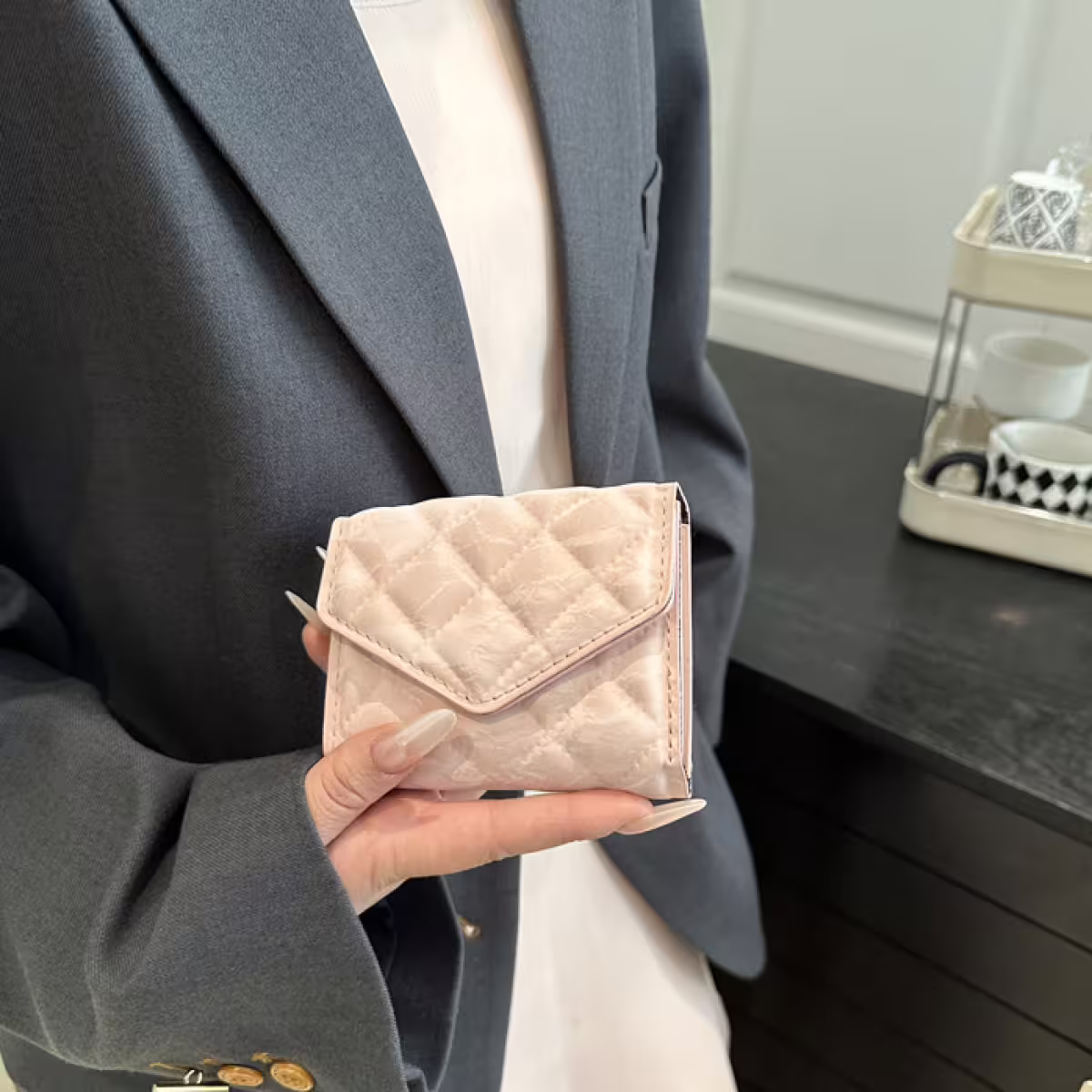 信封爆閃麂皮×三折短皮夾×黑色-第6張