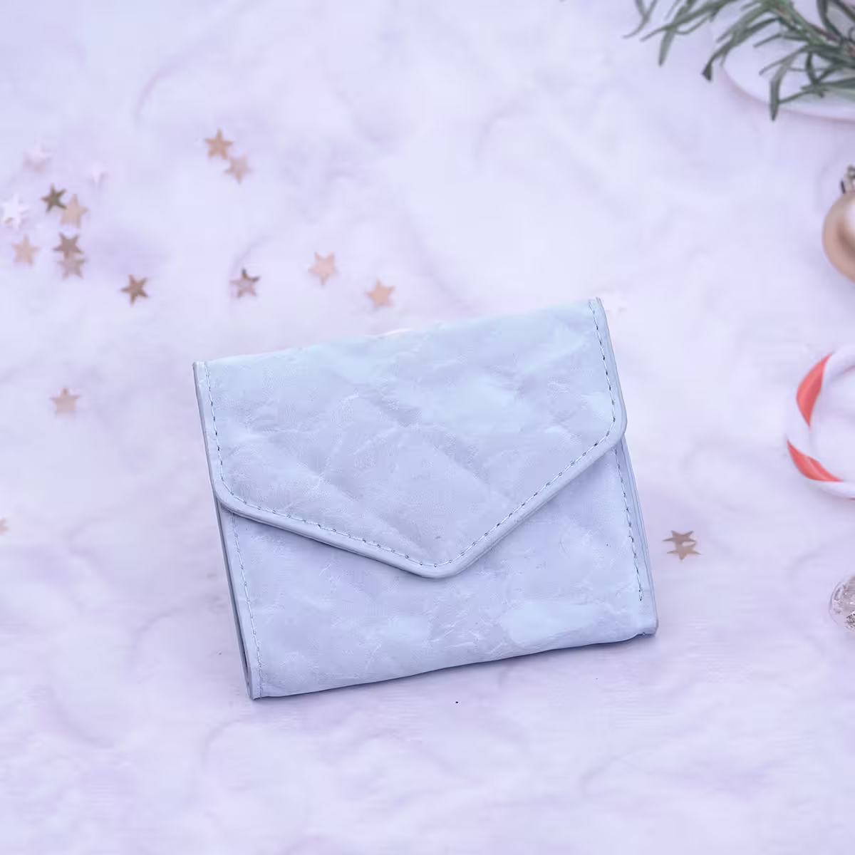 信封爆閃麂皮×三折短皮夾×藍色-第1張