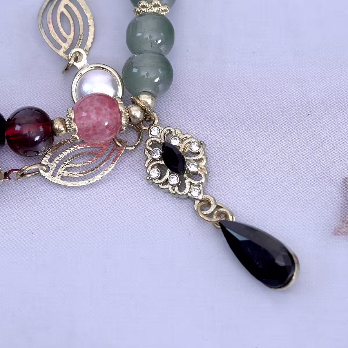 雙層暗黑柳葉黑水滴×固定式串珠手鍊-第4張