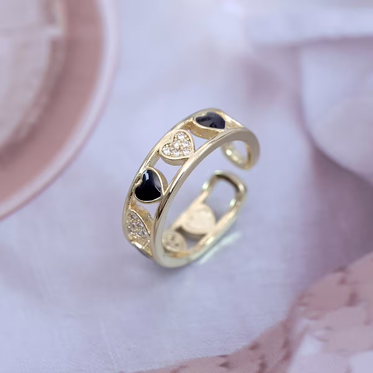 金黑愛心鏤空晶鑽×開口戒指-第1張