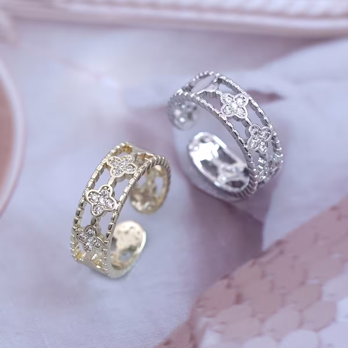 四葉草鏤空晶鑽×開口戒指×共二色-第1張