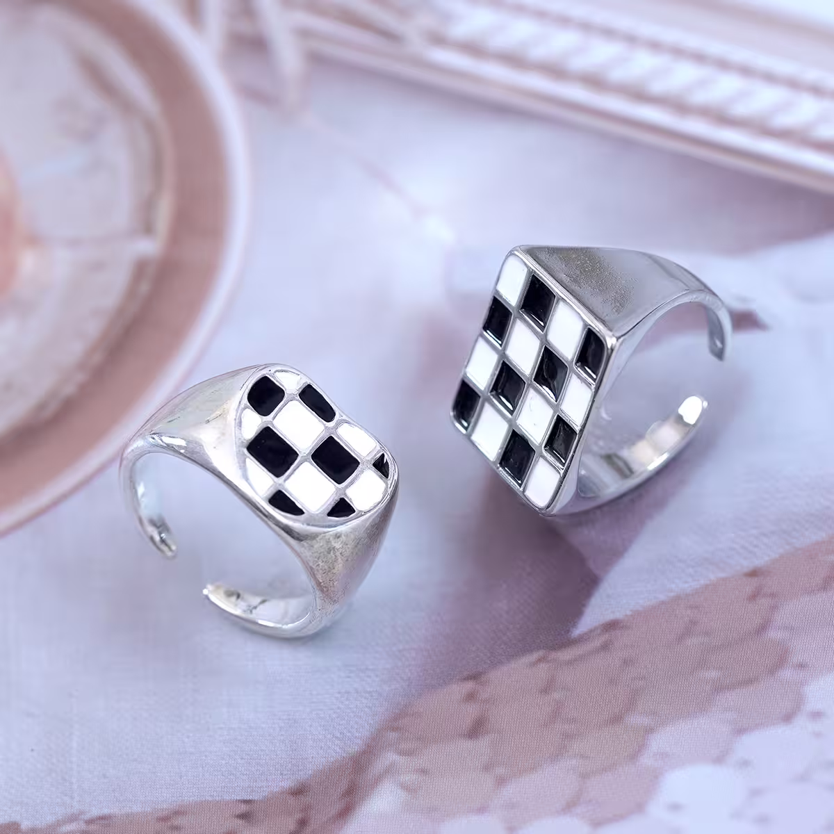 黑白棋盤×開口戒指×共二色-第1張