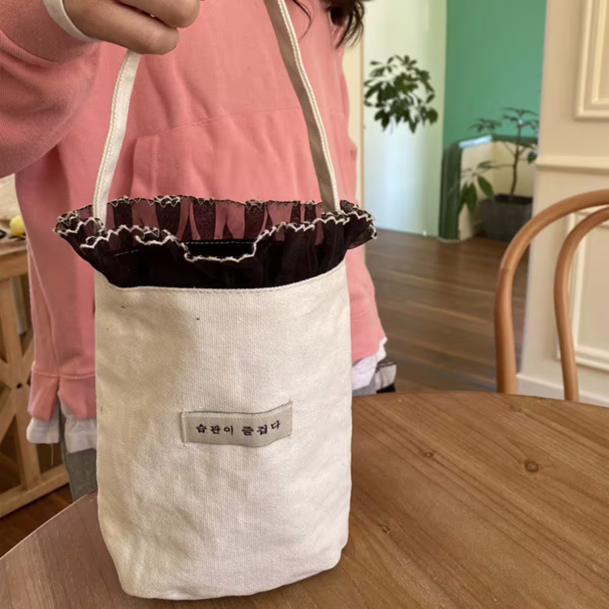 蕾絲邊韓文×輕巧手提袋×白色-第6張