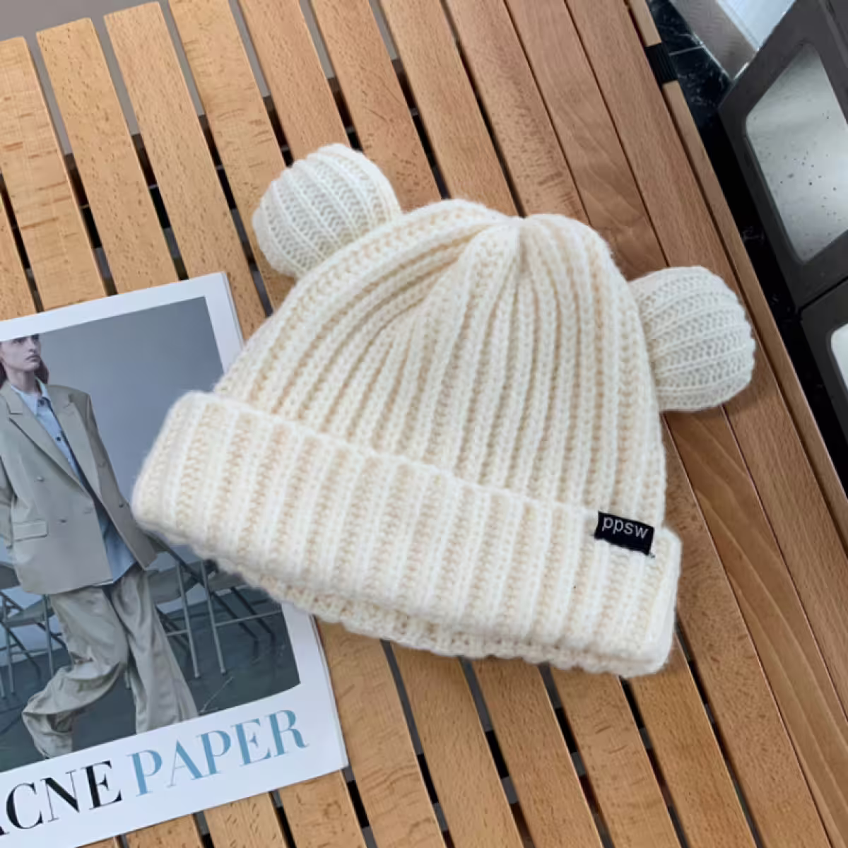 毛線小熊耳朵&times;毛帽&times;白色-第1張