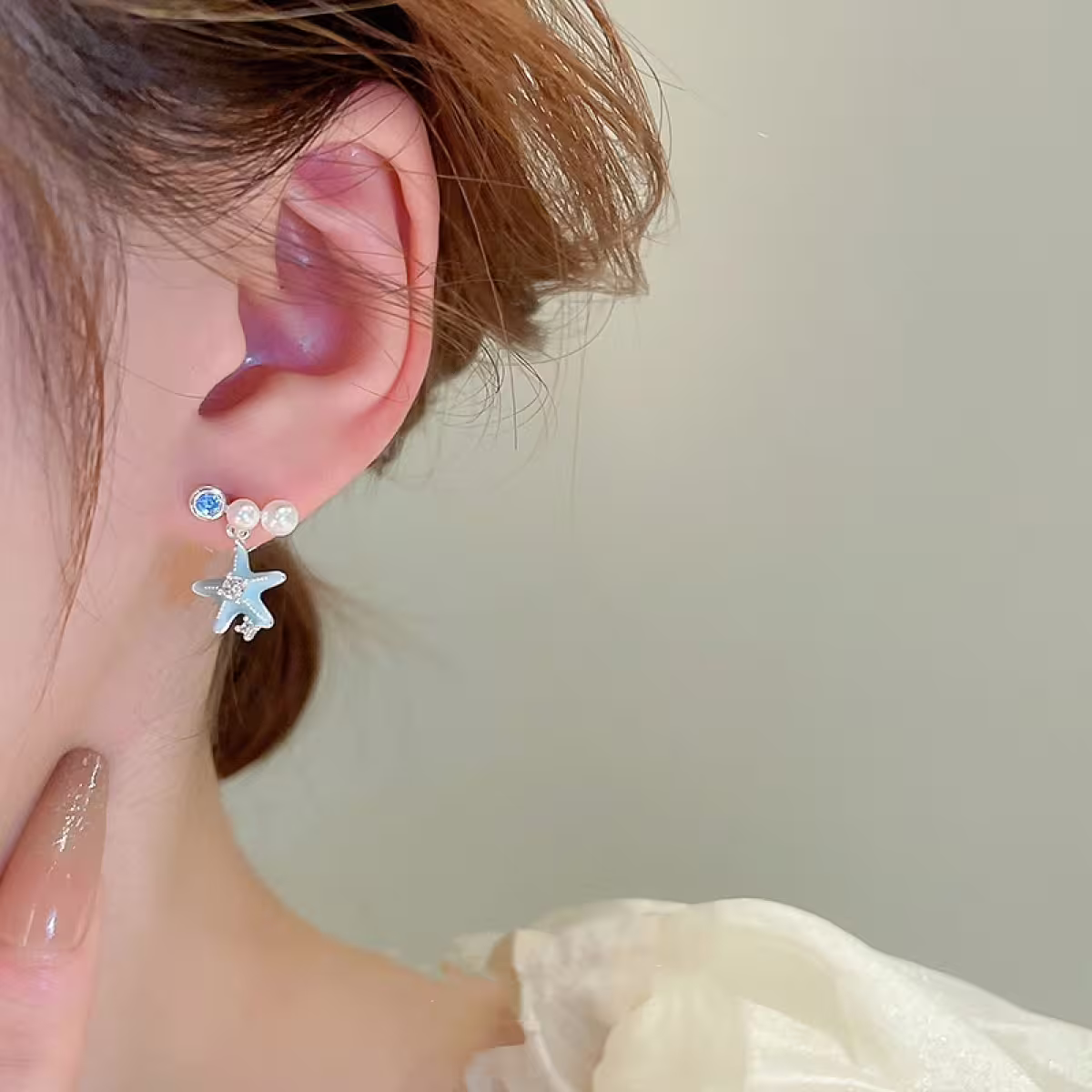 水藍海星貝殼&times;不對稱蚊香盤U型耳夾-第6張