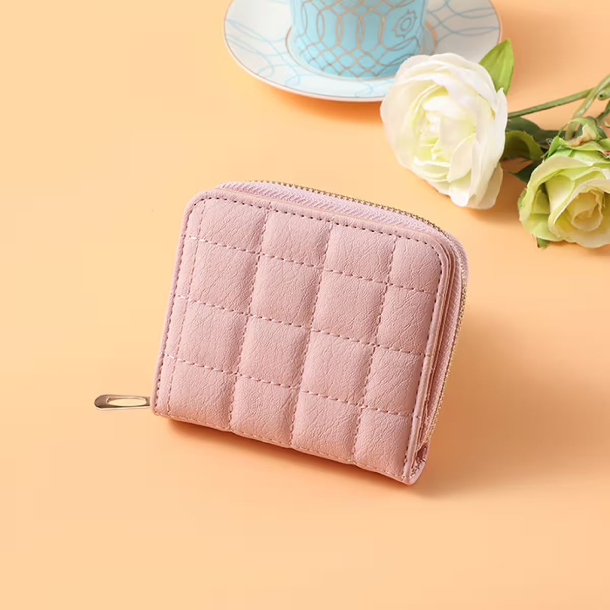 時尚格紋&times;對折短夾&times;拉鍊零錢包&times;粉紅-第1張