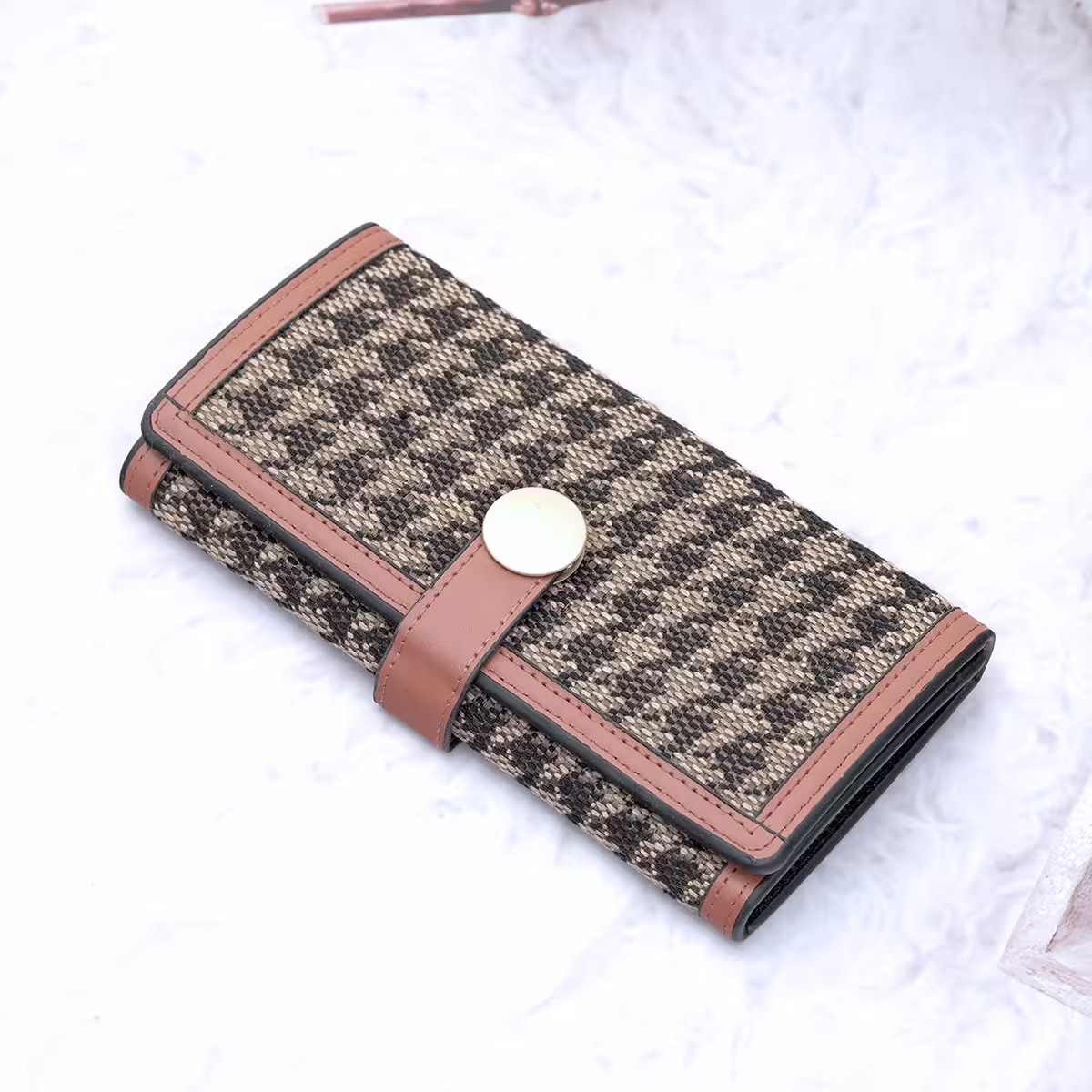 棕咖千鳥紋&times;三折長皮夾-第1張