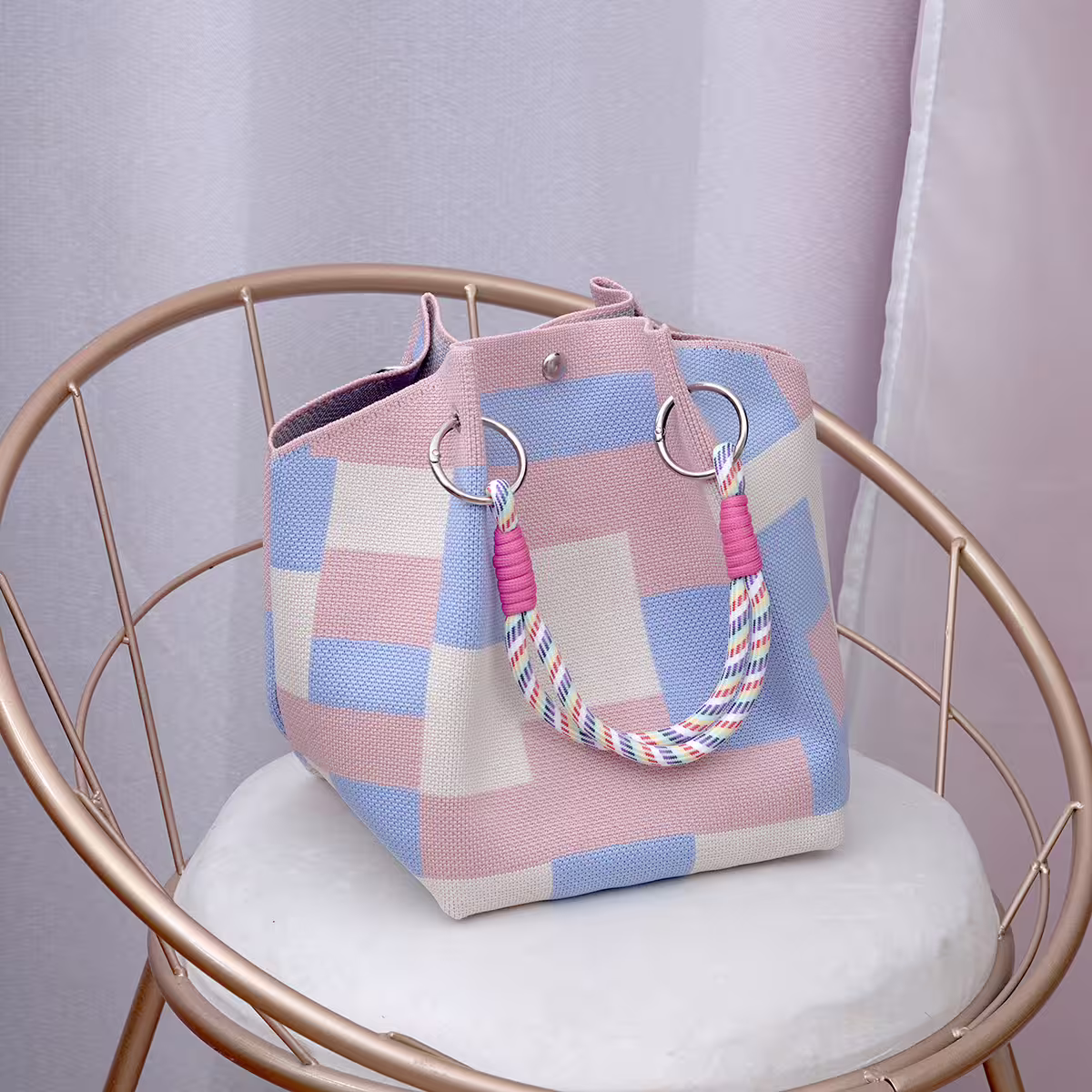 藍粉方格&times;針織手提袋-第2張